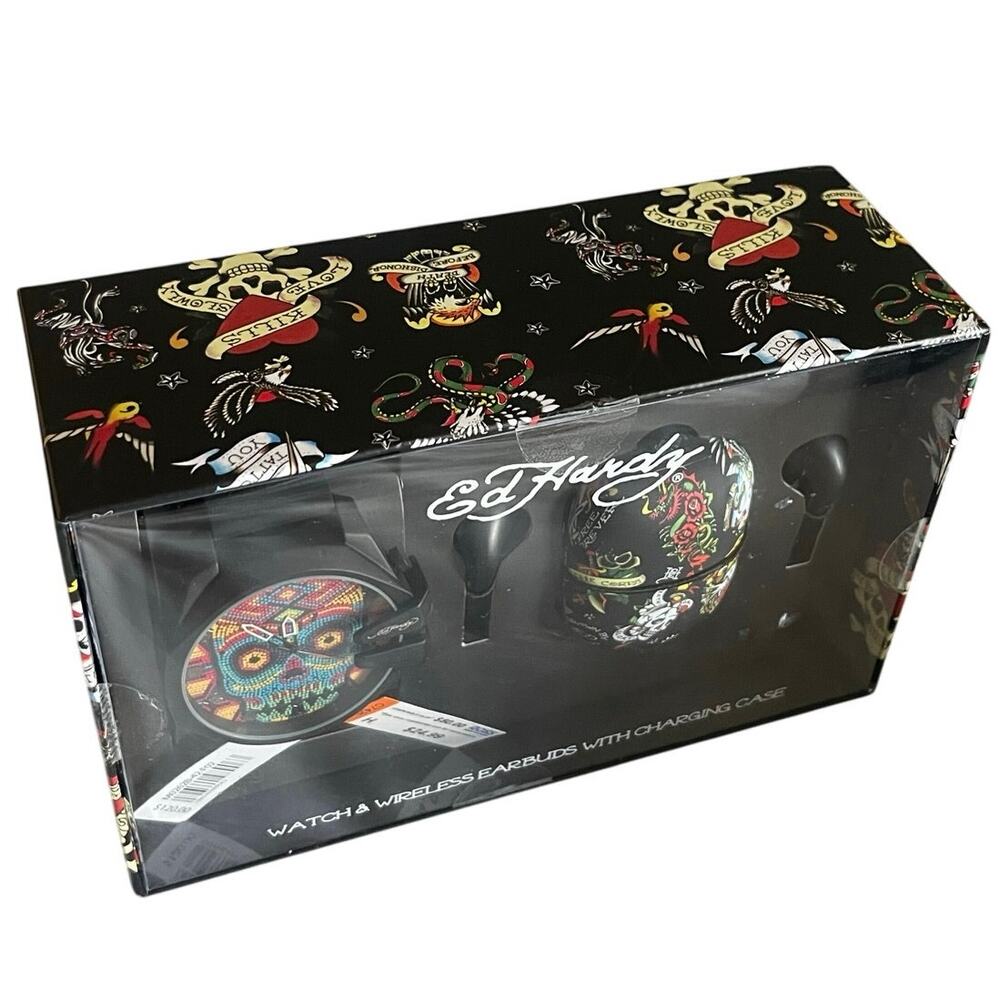 ED HARDY WATCH AND WIRELESS EARBUDS WITH CHARGING CASE MEN